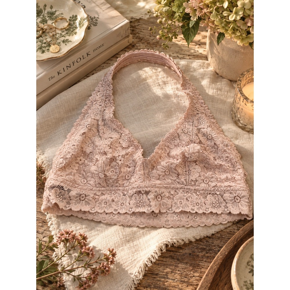 Aerie Eyelash Lace Halter Bralette Pink Floral V-Neck XL 0697-7515-665
